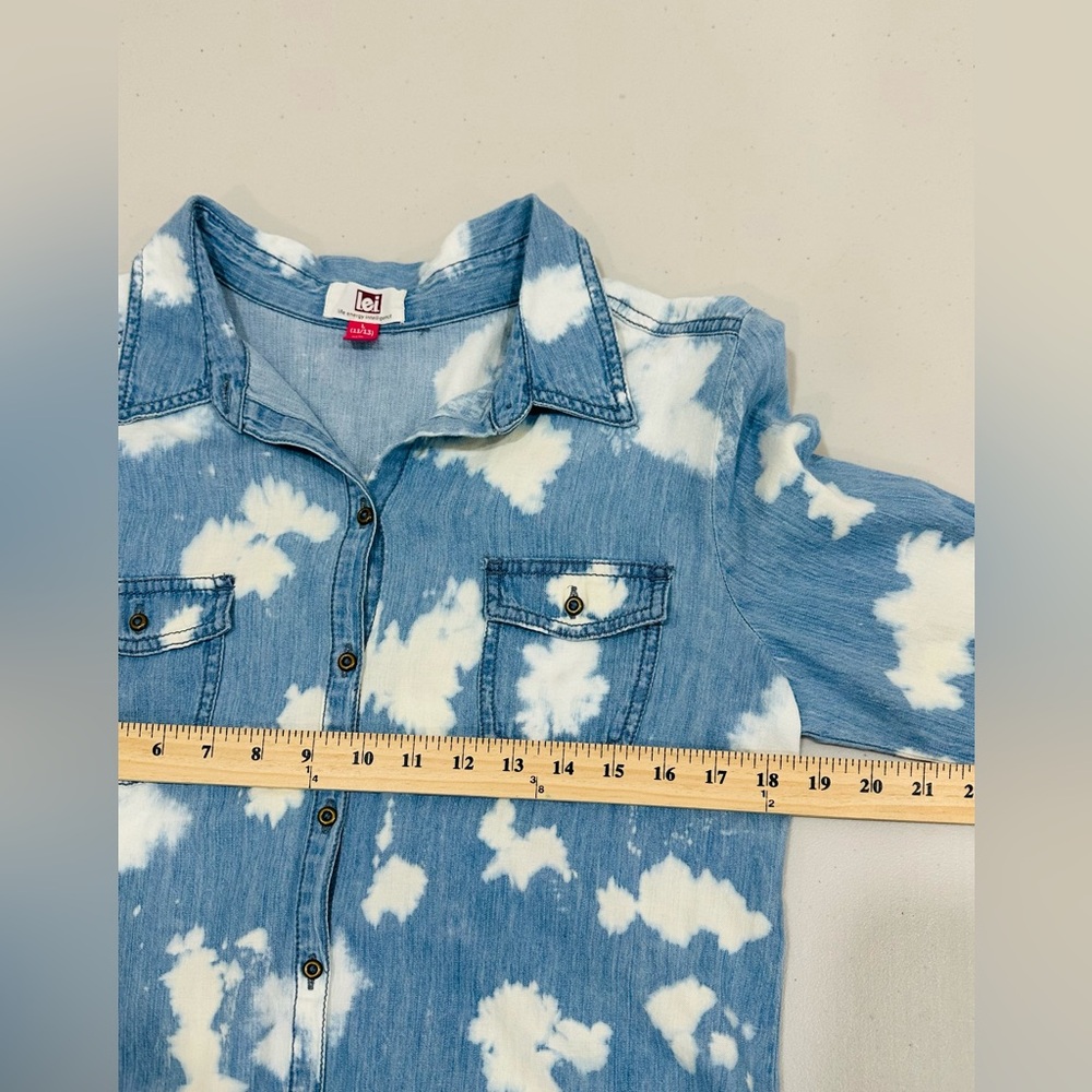 l.e.i Womens Junior Longsleeve Denim Bleach Acid Washed Button Shirt- L(11-13) - Picture 8 of 10